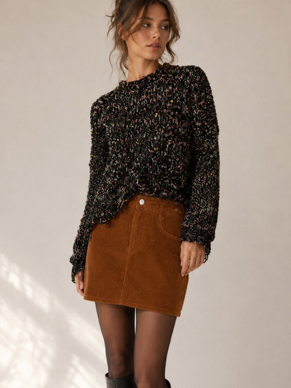 POL Distressed Confetti Knit Sweater L Black Chunky Oversized Boho Raw Hem/Neck